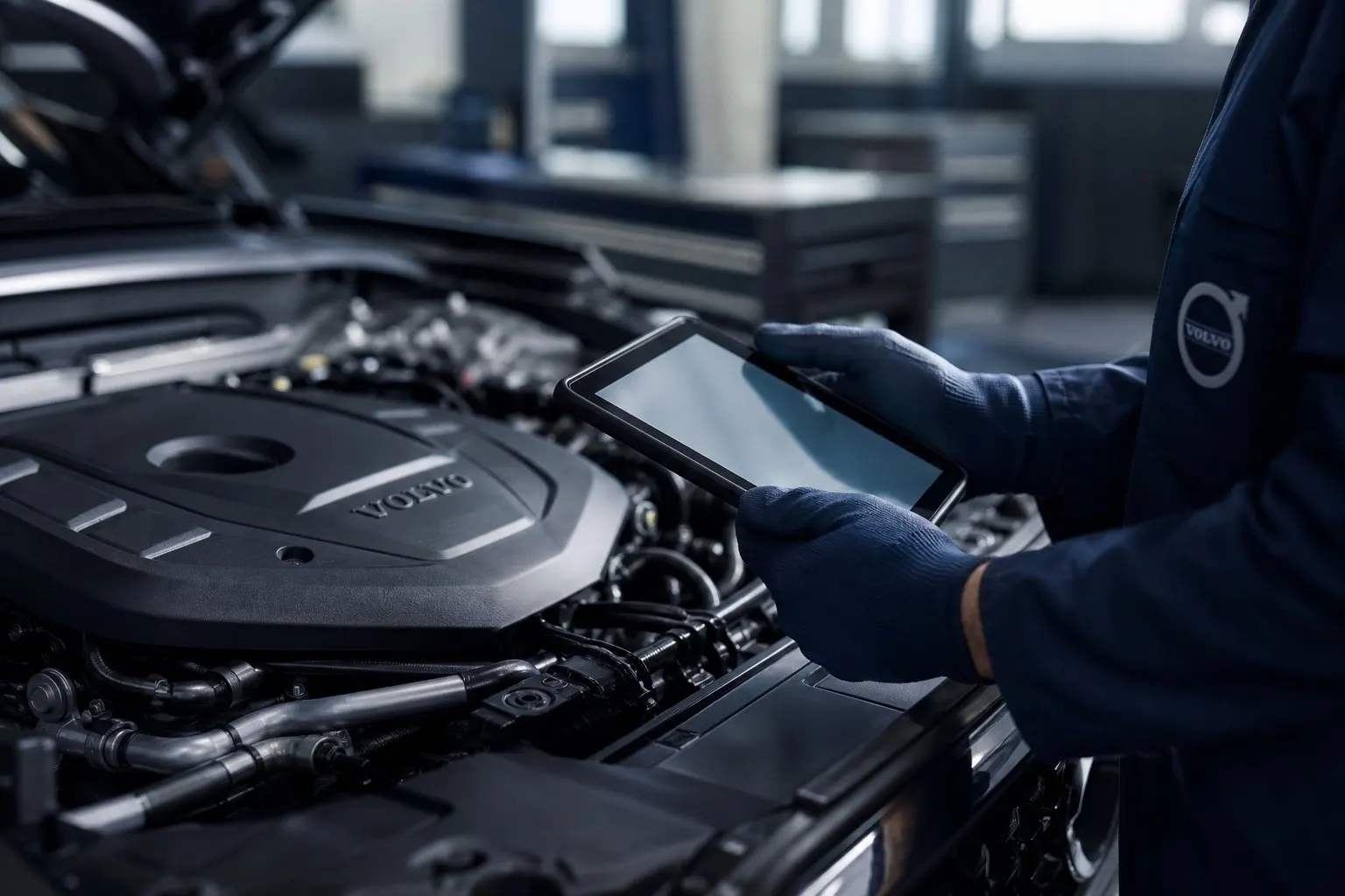 Volvo diagnostika: meister tahvliga mootoriruumis